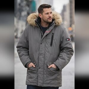 Tommy Hilfiger Men's Gray Puffer Coat with Fur Hood